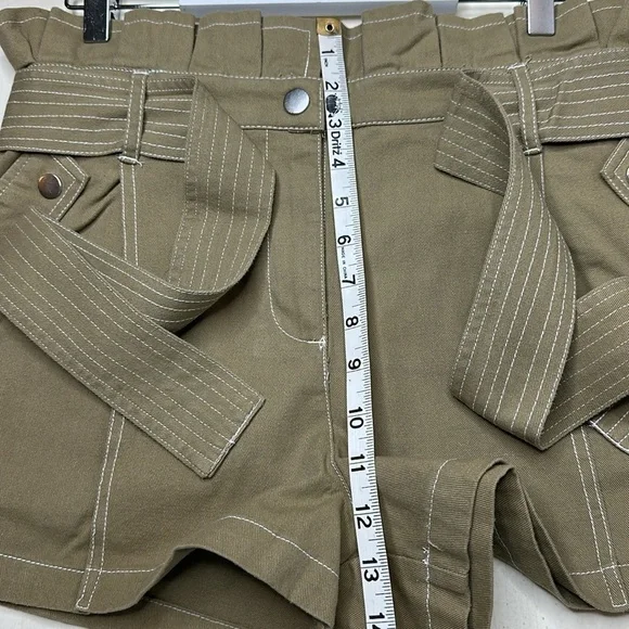 River Island 100% Cotton Khaki Green High Rise Paper Bag Belted Shorts Size US 6 - Picture 12 of 13